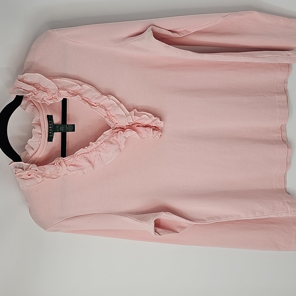 LRL Soft Pink Top w Dainty Ruffled Vneckline Classic Feminine Peasant Fairy - Picture 9 of 13